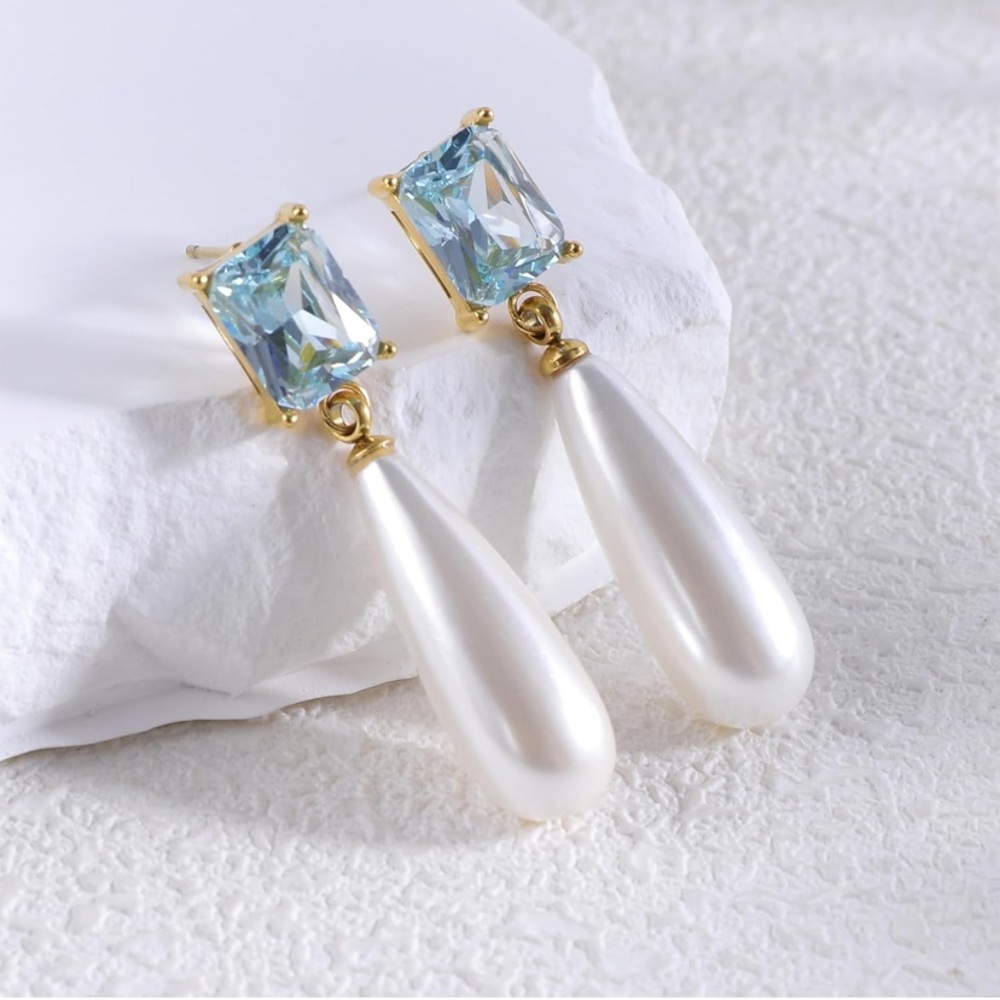 Aquamarine and Pearl Gold Drop Earrings